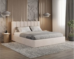 BESILIO Łóżko tapicerowane z pojemnikiem 120x200 Nuvia - Łóżko slim, miękkie wezgłowie, stelaż metalowy- Beżowy
