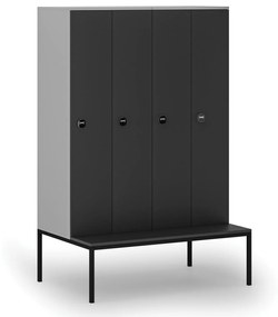 Drewniana szafa ubraniowa z ławką, 4-drzwiowa, 1871 x 1200 x 500/800 mm, zamek RFID, szary/grafitowy