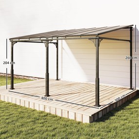 Outsunny Pergola ścienna 4 x 3 m Zadaszenie tarasowe z nachylonym dachem poliwęglanowym, metalowo-aluminiowa rama, montaż naścienny | Aosom PL