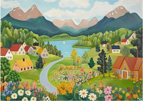 Obraz na szkle - Wioska w górach (70x50 cm)