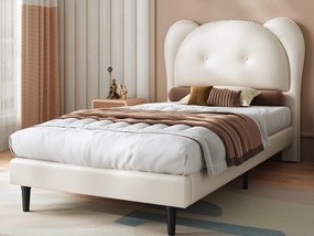 Tapicerowane łóżko dziecięce 90x200 cm - zagłówek w kształcie zwierzęcia - z stelażem na listwach - PU - Beżowe (materac nie wliczony)