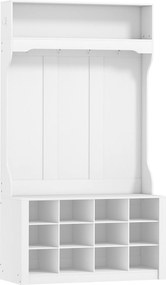 HOMCOM Wieszak z półką, ławką, hakami, schowkami na buty, płyta wiórowa, MDF, Biały