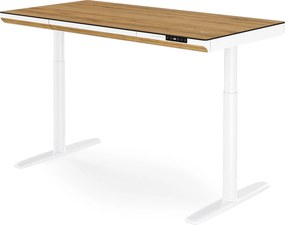 Biurko elektryczne sit-stand z szufladą i ładowarką bezprzewodową Qi białe/złoty dąb, 1400 mm: ELLIS
