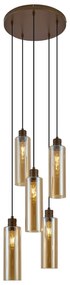 Lampa wisząca w stylu hotelowym, ciemny brąz z bursztynowym szkłem, 5-punktowa - Stavelot