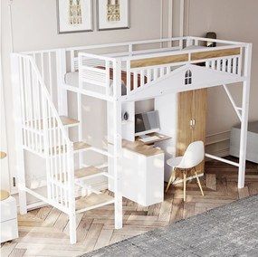 Łóżko piętrowe metalowe dla dzieci - 90 x 200 cm - rama bezpieczeństwa z okienkiem - metal + drewno - białe