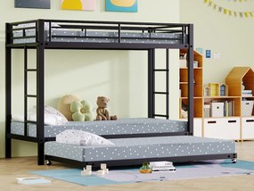 Łóżka piętrowe 2 x 90 x 200 + łóżko wysuwane 90 x 190 - Metalowe - Stelaż listwowy - Czarny