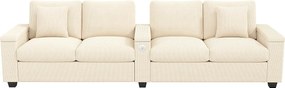Nowoczesna sofa 4-osobowa - 299 x 80 x 82,7 cm - z portem USB, składanym podłokietnikiem i ukrytym schowkiem - aksamit - beż