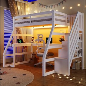 Łóżko piętrowe dla dzieci drewniane - 90 x 200 cm - z biurkiem + oświetlenie LED + port USB + drabinka - MDF - białe