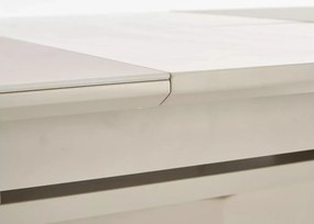 Beżowy stół Sorbus rozkładany 140–180 cm – prostokątny MDF lakierowany i szkło, styl glamour stalowa podstawa