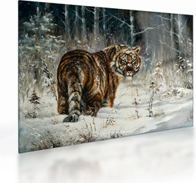 Obraz na szkle - Tygrys w zaśnieżonym lesie, obraz olejny (70x50 cm)
