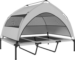 PawHut Łóżko dla psa na zewnątrz z daszkiem, podwyższone legowisko dla dużych psów, z ramą stalową, 122x92x94 cm, jasnoszare | Aosom PL