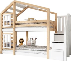 Łóżka piętrowe dla dzieci - 2 x 90 x 200 cm - ze schodkami do przechowywania + okno + dach - Drewno + MDF - Białe + naturalne