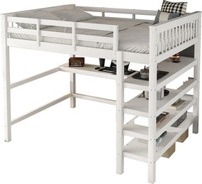 Łóżko mezzanine 140x200cm z drewna - z biurkiem i półką na przechowywanie - Białe