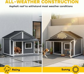 PawHut Domek dla psa na zewnątrz, z werandą, odporny na warunki pogodowe, 124 cm x 112 cm x 105 cm, Szary + Biały