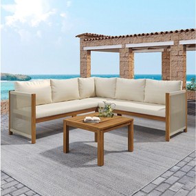 Zestaw mebli ogrodowych - 185,5 x 185,5 x 71,5 cm - z narożnikiem + stolikiem kawowym - akacja - beż