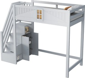 Łóżko piętrowe dla dzieci - 90 x 200 cm - ze schodami do przechowywania + okno + szafa - drewno + płyta MDF - szare