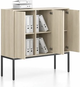 Szafa biurowa FRAME, niska, czarna podstawa, 3x drzwi, 1299 x 450 x 1331 mm, PUSH-lock, dąb naturalny