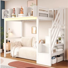 Łóżko antresola 90 x 200 cm - z barierkami ochronnymi - z półkami - z oświetleniem LED - z drabinką - białe (materac nie jest dołączony)