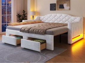 Tapicerowana sofa z łóżkiem 90x200cm - Rozszerzalna do 180x200cm - Łóżko chowane - Z 2 szufladami i oświetleniem LED - Biały​ (bez materaca)