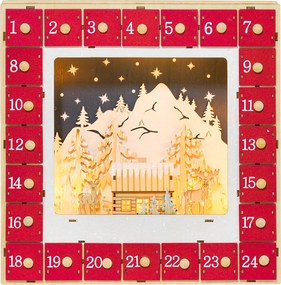 HOMCOM Kalendarz Adwentowy LED z Sceną Wiejską, 24 Duże Szuflady, MDF, 34 x 7 x 34 cm, Czerwony