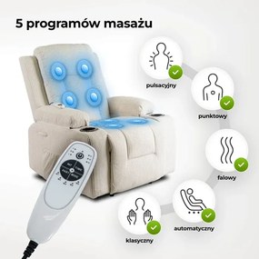 Fotel Masujący BOX Rozkładany Wypoczynkowy z Podnóżkiem Beżowy Sztruksowy Japandi