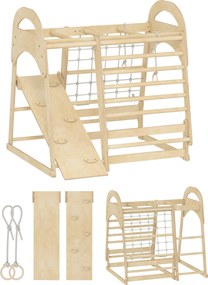 AIYAPLAY Stelaż do wspinaczki do wnętrz, konstrukcja 6-w-1, zjeżdżalnia, drążki do wspinania, ścianka wspinaczkowa, drabina, siatka do wspinaczki, 3-6 lat, drewno