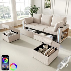 Modułowa sofa narożna 5-6-osobowa z 2 pufami ze schowkiem, aplikacją LED, USB/Type-C, 2 szufladami - sztruks - 190 x 130 x 85 cm - beżowa