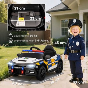 AIYAPLAY 12V Elektryczny samochód policyjny dla dzieci z pilotem, syrena, migające światło, muzyka i klakson, podwójne silniki, zawieszenie Biały | Aosom PL