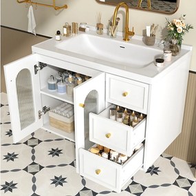 Pojedyncza umywalka ścienna z ceramiki, szafka pod umywalkę - 80 x 50 x 58 cm - z szafką z przeszklonymi drzwiami + 2 szuflady - MDF - biała