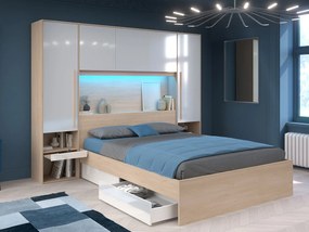 Zabudowa wokół łóżka  ze skrzynią i - Z oświetleniem LED - szer. 265 cm - Biały z połyskiem i naturalny - VELONA