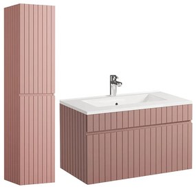Wisząca szafka łazienkowa w kolorze różowym z prążkowaną fakturą, z wpuszczaną umywalką i słupkiem – 80 cm – SATARA