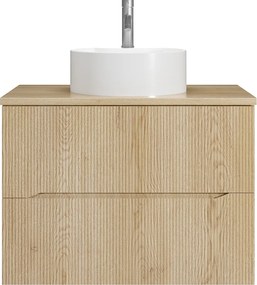 Szafka łazienkowa wisząca prążkowana z okrągłą umywalką nablatową i baterią – Jasny naturalny – 80 cm – ORISO