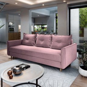 Masseno Sofa NAPOL z funkcją spania i pojemnikiem na pościel, Rozkładana sofa - Pudrowy róż, KRONOS 27