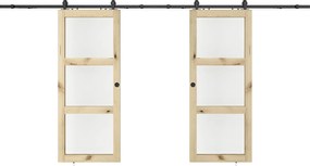Drzwi przesuwne podwójne naścienne z drewna i szkła hartowanego - 3 okna - 2 x wys. 205 x szer. 73 cm - ACOSTA II