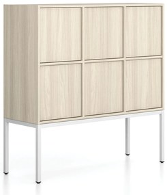 Szafa biurowa FRAME, niska, podstawa biała, 6x drzwi, 1299 x 450 x 1331 mm, PUSH-Lock, dąb naturalny