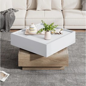 Stolik kawowy kwadratowy z obrotowym blatem 360° - 60 x 60 x 38 cm - Płyta wiórowa - Biały + Orzech naturalny