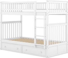 Łóżka piętrowe dla dzieci - 2x90x200 cm - 2 szuflady - rama sosnowa biała - stelaż z listew - barierki zabezpieczające - MERAX
