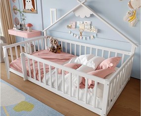 Łóżko typu domki dla dzieci 90x190cm - z barierkami ochronnymi - drewno lite - białe (bez materaca)