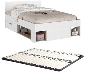 Łóżko 120 x 190 cm ze skrzynią i - Biały i naturalny + Stelaż - KINSELIA