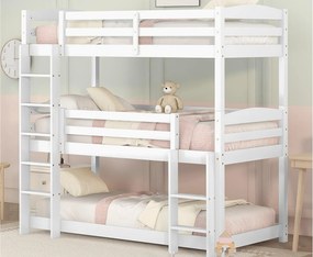 Łóżko piętrowe potrójne z drabiną i barierką ochronną - 90x200cm - drewno lite - Białe