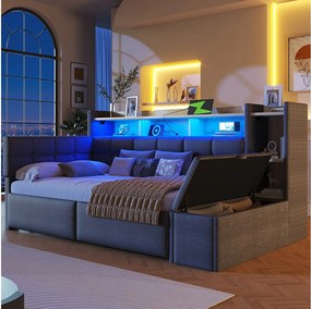 Sofa rozkładana 90 x 190 cm - z 2 szufladami + portem USB + półką + ławką ze schowkiem + diodami LED - welur - szara