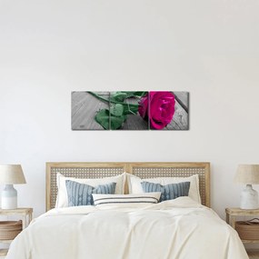 Obraz - Różowa róża z zieloną łodygą (z zegarem) (90x30 cm)