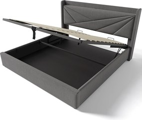 Łóżko ze schowkiem 140 x 200 cm z zagłówkiem - USB + typ C - tkanina lniana - szare