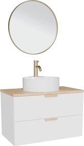 Wisząca szafka łazienkowa z okrągłą umywalką nablatową, baterią i lustrem – Biała – S80 cm – AVORELI