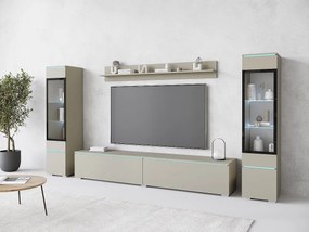 Zestaw mebli do salonu z LED 4 elementy – szafka RTV 180 cm, 2 witryny i półka, meblościanka stojąca lub wisząca kaszmirowy beż