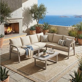 Zestaw mebli ogrodowych 6-osobowy - z plecionymi podłokietnikami i oparciami + narożnik + stolik - metalowy - beżowy