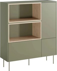 Komoda wysoka Desin 120 cm dwudrzwiowa z szufladą i wnękami - oliwka / dąb nagano