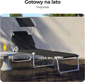Leżak ogrodowy HAWAII z regulowanym daszkiem, 195x60x30cm, czarny Casaria