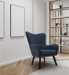 Fotel TED z tkaniny Velluto, wysoka oparcie, szerokie siedzisko, czarne nogi, pionowe przeszycia, 76x78x100 cm, granatowy