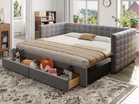 Kanapa rozkładana tapicerowana 90×190 cm - z 2 szufladami - ze stelażem listwowym - szara (materac nie jest zawarty)